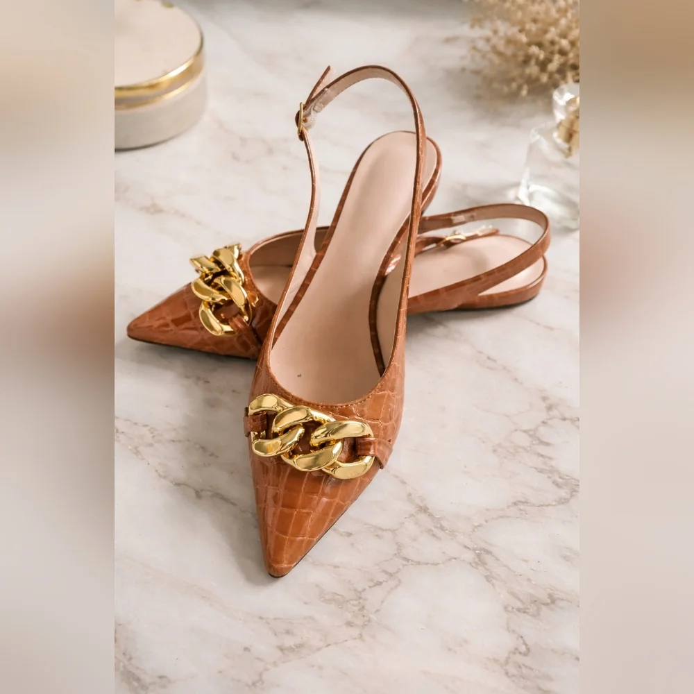 Faux Crocodile Embossed Brown Slingback Heels with Gold Chain